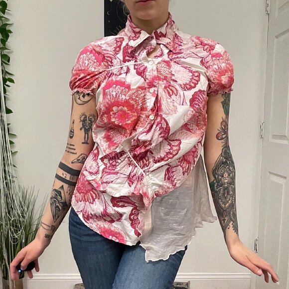 Y2K Sportmax Code Floral Mesh Button-Up Top Blouse Size 10 Pink/White - Picture 1 of 8